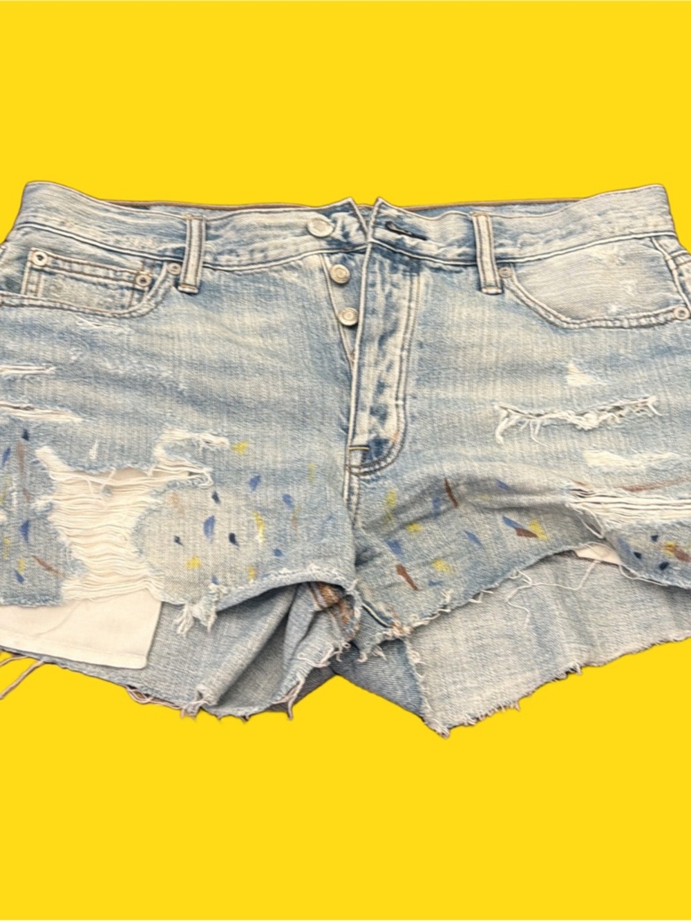 Light Blue Distressed Denim Shorts with Paint-Splatter Detail